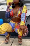 Orange Sexy Casual Print Hollowed Out V Neck Skinny Jumpsuits