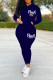 Deep Blue Casual Sportswear Print Patchwork Zipper Hooded Collar Long Sleeve Two Pieces