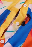 Multicolor Casual Print Patchwork Turndown Collar Long Sleeve Dresses