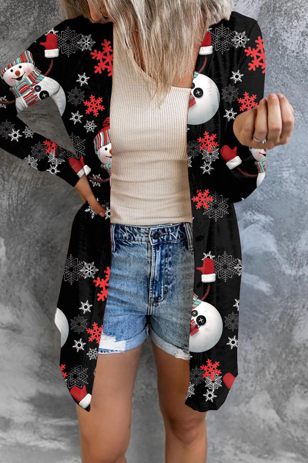 Black Casual Print Patchwork Cardigan Collar Outerwear