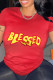 Red Casual Daily Print Patchwork Letter O Neck T-Shirts