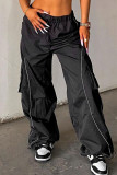 Black Casual Street Sportswear Solid Patchwork Loose Mid Waist Wide Leg Solid Color Bottoms