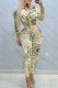 Gold Casual Print Patchwork Turndown Collar Long Sleeve Two Pieces