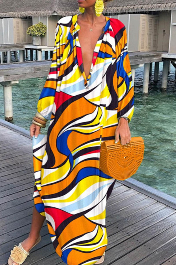Multicolor Casual Print Patchwork V Neck Long Sleeve Dresses