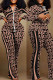 Dark Brown Casual Print Patchwork Zipper Collar Long Sleeve Two Pieces