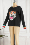 Black Casual Daily Print Basic O Neck Tops