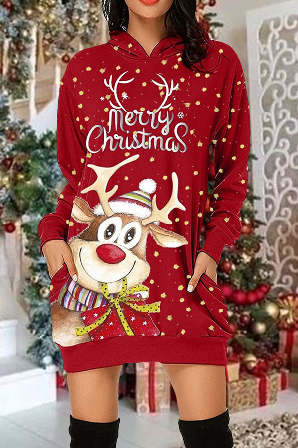 Red Yellow Casual Print Patchwork Pocket Hooded Collar Straight Dresses