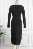 Green Sexy Casual Solid Hollowed Out Asymmetrical O Neck Long Sleeve Dresses