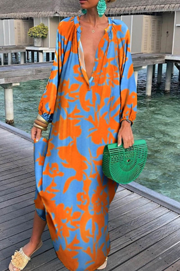 Orange Casual Print Patchwork V Neck Long Sleeve Dresses