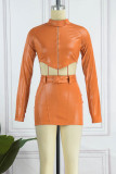 Orange Sexy Casual Solid Patchwork Turtleneck Long Sleeve Two Pieces