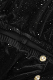 Black Elegant Solid Patchwork Buttons Slit Half A Turtleneck Long Sleeve Two Pieces