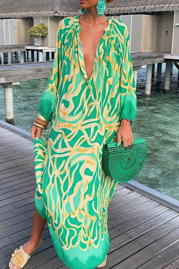 Green Casual Print Patchwork V Neck Long Sleeve Dresses