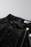 Black Elegant Solid Patchwork Buttons Slit Half A Turtleneck Long Sleeve Two Pieces