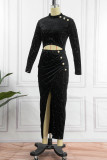 Black Elegant Solid Patchwork Buttons Slit Half A Turtleneck Long Sleeve Two Pieces