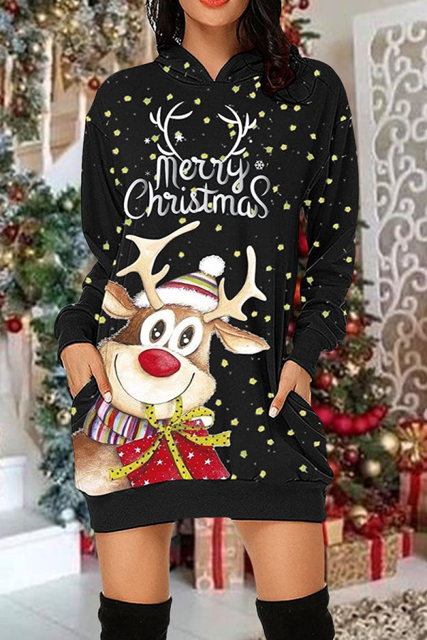 Black Yellow Casual Print Patchwork Pocket Hooded Collar Straight Dresses