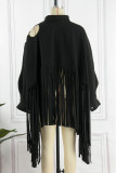 Black Casual Vintage Solid Tassel Turtleneck Tops