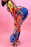 Orange Sexy Casual Print Hollowed Out V Neck Skinny Jumpsuits