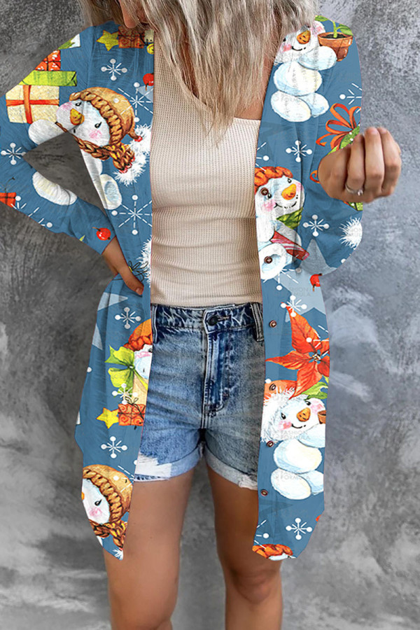 Blue Casual Print Patchwork Cardigan Collar Outerwear