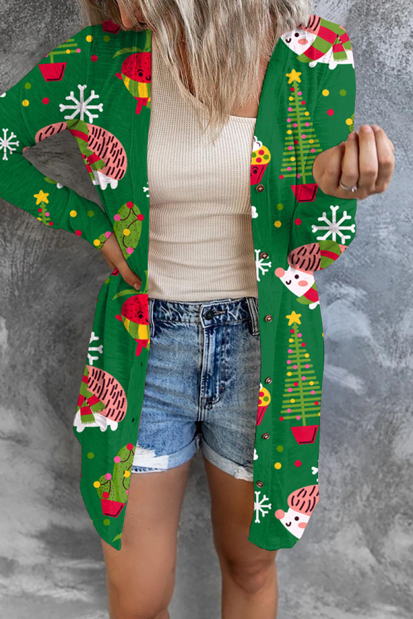 Green Casual Print Patchwork Cardigan Collar Outerwear