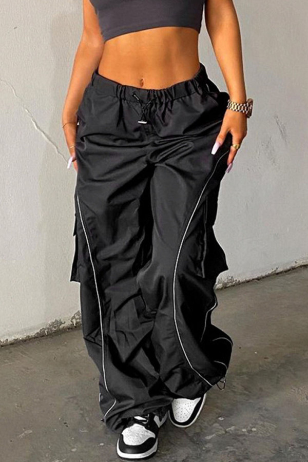 Black Casual Street Sportswear Solid Patchwork Loose Mid Waist Wide Leg Solid Color Bottoms