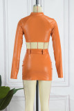Orange Sexy Casual Solid Patchwork Turtleneck Long Sleeve Two Pieces