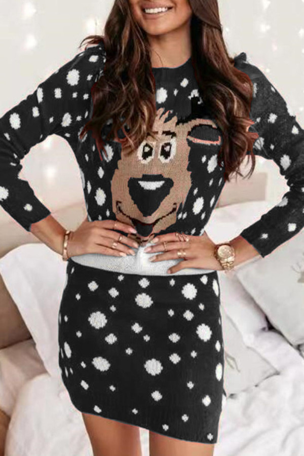 Black Casual Print Patchwork O Neck One Step Skirt Dresses