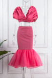 Red Sexy Elegant Solid Patchwork With Bow V Neck Half Sleeve Two Pieces