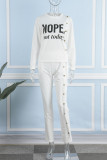 White Casual Letter Print Patchwork O Neck Long Sleeve Two Pieces