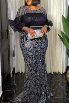 Silver Celebrities Elegant Solid Sequins Patchwork O Neck Evening Dress Dresses