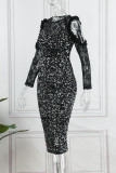 Black Sexy Elegant Solid Sequins Patchwork O Neck Evening Dress Dresses