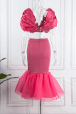 Red Sexy Elegant Solid Patchwork With Bow V Neck Half Sleeve Two Pieces