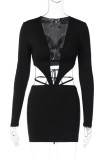Black Sexy Solid Hollowed Out V Neck Long Sleeve Dresses