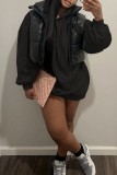 Grey Casual Solid Patchwork Basic Hooded Collar Long Sleeve Dresses