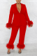 Red Street Solid Tassel Turndown Collar Long Sleeve Two Pieces