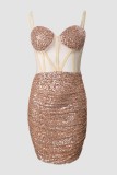 Champagne Sexy Patchwork See-through Backless Spaghetti Strap Sleeveless Dress Dresses