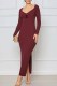 Burgundy Elegant Print Slit V Neck One Step Skirt Dresses