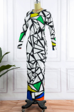 White Sexy Print Patchwork O Neck Pencil Skirt Dresses