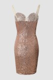 Champagne Sexy Patchwork See-through Backless Spaghetti Strap Sleeveless Dress Dresses