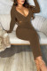 Coffee Sexy Solid Hollowed Out Patchwork V Neck Pencil Skirt Dresses