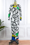 White Sexy Print Patchwork O Neck Pencil Skirt Dresses