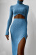 Sky Blue Casual Solid Patchwork Slit Asymmetrical Turtleneck Long Sleeve Two Pieces
