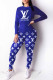 Blue Street Print Letter O Neck Long Sleeve Two Pieces