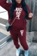 Burgundy Casual Print Letter Hooded Collar Long Sleeve Two Pieces