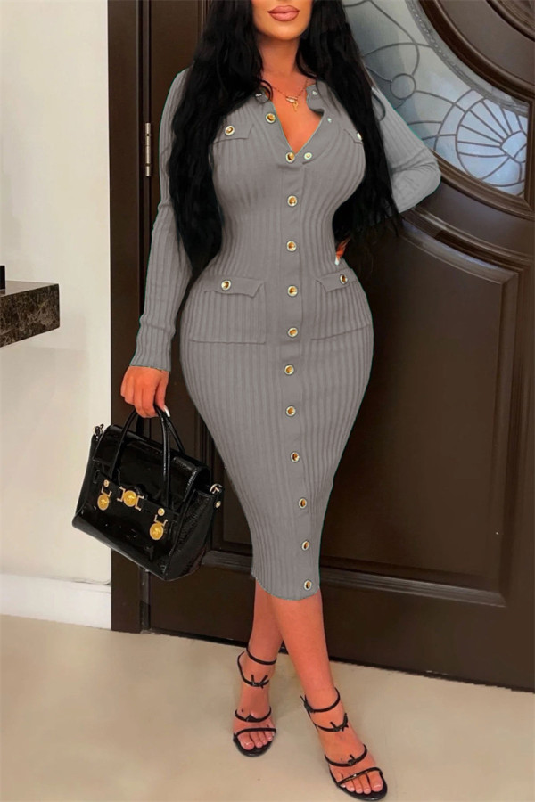 Grey Casual Solid Patchwork Turndown Collar Long Sleeve Dresses