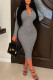 Grey Casual Solid Patchwork Turndown Collar Long Sleeve Dresses