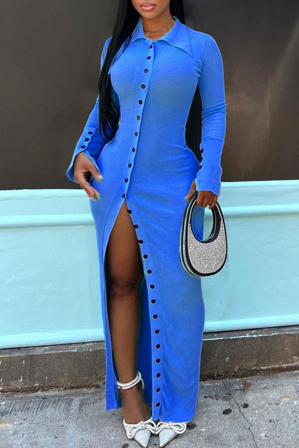 Blue Sexy Solid Patchwork Buckle Slit Turndown Collar One Step Skirt Dresses