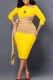 Yellow Elegant Print Letter Asymmetrical Collar Pencil Skirt Dresses