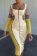 Yellow Casual Print Patchwork U Neck One Step Skirt Dresses