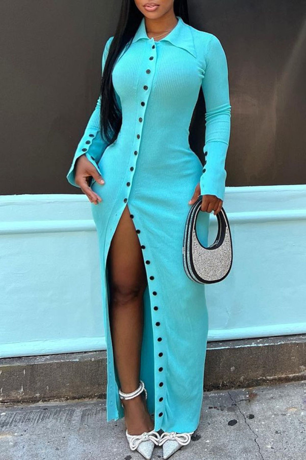 Lake Blue Sexy Solid Patchwork Buckle Slit Turndown Collar One Step Skirt Dresses