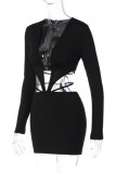 Black Sexy Solid Hollowed Out V Neck Long Sleeve Dresses